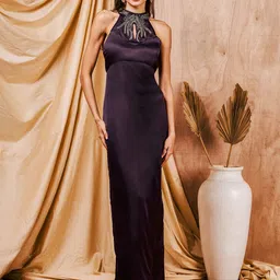 MISH X Embellished Beads & Stone Mock Neck Satin Maxi Dress-picture-56