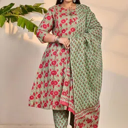 Yufta Women Floral Printed Pure Cotton Kurta with Trousers & With Dupatta-36