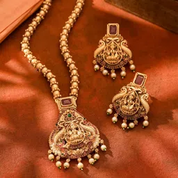Yellow Chimes Gold-Plated Stone-Studded & Beaded Lakshmi Goddess Jewellery Set-20