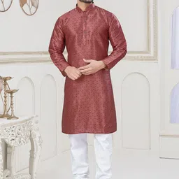 OUTLUK Floral Printed Mandarin Collar Silk Jacquard Straight Kurta-picture-40