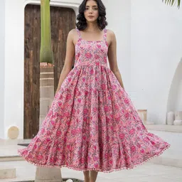 Chandbaali Floral Print with Pom-Pom Detail Fit & Flare Dress-image-58