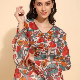 all about you Women Floral Print Bell Sleeve Ruffles Chiffon Top-picture-0