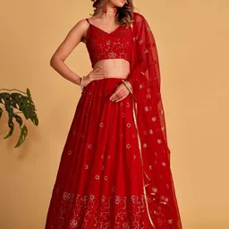 ETHNIC PLUS Embroidered Sequinned Semi-Stitched Georgette Lehenga & Blouse With Dupatta-image-67