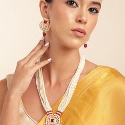 Anouk Gold Plated Kundan Studded Beaded Premium Layered Necklace Earring Set-99