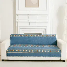 HomeCloud Blue & Yellow Printed Chenille Slipcover Sofa Cover-image-2