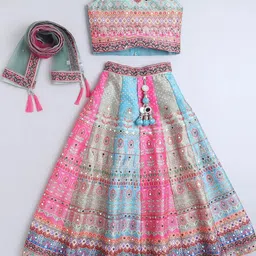 NKV Girls Printed Mirror Work Tie and Dye Ready to Wear Lehenga & Blouse With Dupatta-picture-4