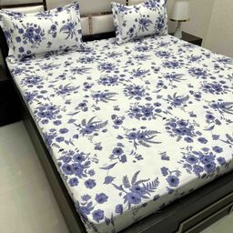 Pure Decor Blue & White Floral Queen Bedsheet with 2 Pillow Covers-image-88