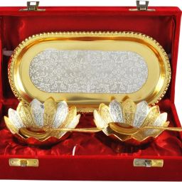 RajLaxmi Gold And Silver Plated Bowl Tray Set Tray, Spoon, Bowl Serving Set-34