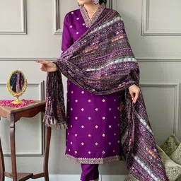 KALINI Floral Embroidered V-Neck Thread Work Chanderi Silk Kurta With Trousers And Dupatta-10