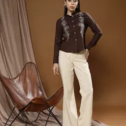 Boho By Athena Embroidered Mandarin Collar Cotton Top-image-35