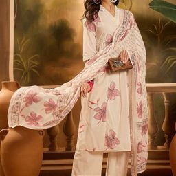 Sangria Floral Printed Pure Cotton A-Line Kurta & Trousers With Dupatta-image-37