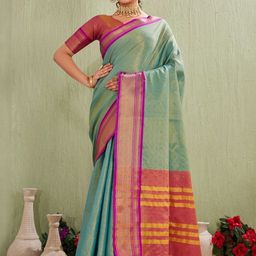CaniBani Teal Silk Cotton Woven Design Kanjeevaram Sarees-picture-32