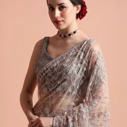 Jaipur Kurti Party Wear Floral Embroidered Net Saree-image-1