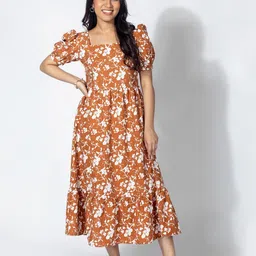 Murcia Floral Print Puff Sleeve Linen Fit & Flare Midi Dress-image-47