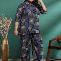 KALINI Plus Size Floral Printed Pure Cotton Tunic & Trouser Co-Ords-image-47