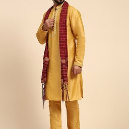 SKAVIJ Men Ethnic Motifs Embroidered Regular Thread Work Dupion Silk Kurta with Churidar & With Dupatta image 3