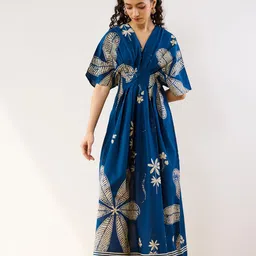 Rustorange Periwinkle Printed Cotton Pleated Maxi Dress-image-82