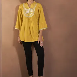 Anouk Floral Embroidered Mandarin Collar A-Line Liva Kurta-picture-48