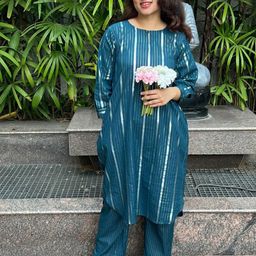 Rangreza Ethnic Women Striped Keyhole Neck Regular Pure Cotton Straight Kurta & Trousers-image-110