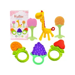 Kritiu Kids Pack Of 6 Green & Red Silicone Fruit & Giraffe Shape Baby Teether-24