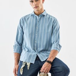 Snitch Men Vertical Striped Spread Collar Pure Cotton Casual Shirt-picture-0
