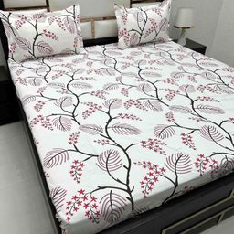 Pure Decor White & Pink Floral 210 TC Queen Bedsheet with 2 Pillow Covers-image-35