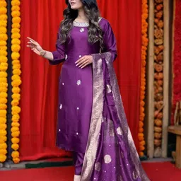 KALINI Floral Embroidered Round Neck Straight Kurta With Trousers & Duppatta-36
