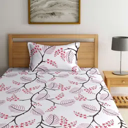 Myntra Elegant Homes White & Red Floral 300 TC Single Bedsheet with 1 Pillow Covers-picture-32