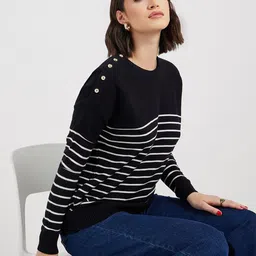 Styli Women Boxy Fit High Neck Regular Length Stripe Sweater-image-58