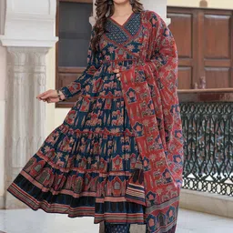 Mizaz Women Floral Printed Layered Sequinned Pure Cotton Kurta with Trousers & With Dupatta-51