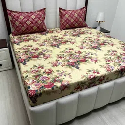 Pure Decor Beige & Pink FloralKing Bedsheet Set 2.74 m x 2.74 m-image-24