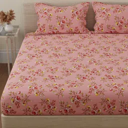 Huesland Peach & Pink Floral Printed 144 TC Cotton Queen Bedsheet Set 2.43 m x 2.23 m-image-55