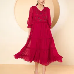 Antheaa Women Puff Sleeves Fit & Flare Midi Dress-image-5