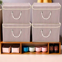 Aura Cream 4 Pieces Striped Foldable Square Wardrobe Drawer Organisers-image-25
