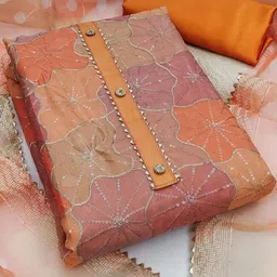 KALINI Orange Organza Position Print With Sequence Work Unstitched Dress Material-image-59