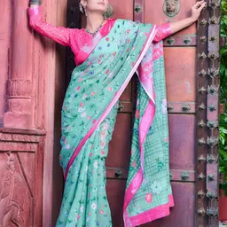 Anouk Rustic Floral Printed Zari Block Print Saree image 5