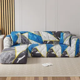 GIFTS ISLAND Grey & White 2 Pieces Marble Printed 3+3 Seater L-Shape Sofa Covers With Arms-9
