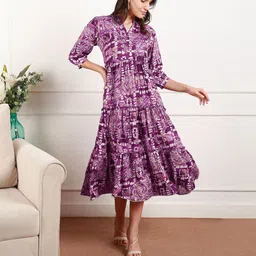 MORDEN MUSE Women Print Mandarin Collar Tiered Fit & Flare Midi Cotton Dress-picture-18