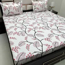 Pure Decor White & Pink Floral 220 TC Queen Bedsheet with 2 Pillow Covers-image-86