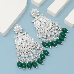 BELWICK Silver-Plated Kundan Studded And Beaded Contemporary Shaped Drop Earrings-11