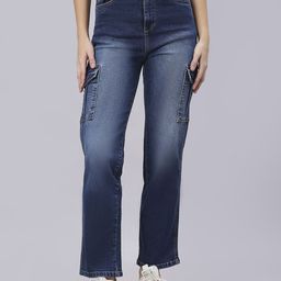 Rea-Lize Women Straight Fit High-Rise Light Fade Cargo Styles Jeans-image-75