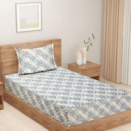 SWAYAM Vedda Blue & Off White Floral Printed Cotton 160 TC Single Bedsheet Set-image-95