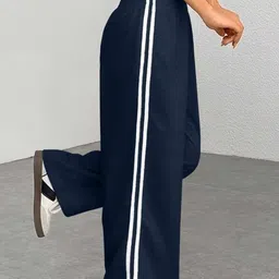 SZN Women Navy Blue Loose Fit Striped Wide Leg Trousers-picture-36