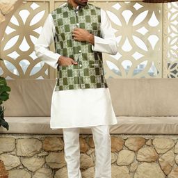 KRAFT INDIA Mandarin Collar Straight Kurta with Churidar & Printed Nehru Jacket-picture-47