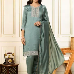 House of Pataudi Embroidered Straight Kurta With Trousers & Dupatta-picture-47