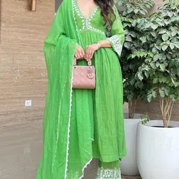 GoSriKi Floral Embroidered Empire V-Neck Anarkali Kurta With Palazzos And Dupatta-26