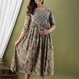Tulsiram Women Printed Cotton Flared Midi Maternity Ethnic Dress-image-89