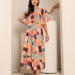 Varanga Print Flared Sleeve Georgette A-Line Maxi Dress-image-57