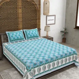 CLOTHOLOGY Blue & White Floral Printed 180TC Pure Cotton King Bedsheet Set 2.75 m x 2.25 m-52
