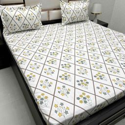 Pure Decor Grey & Yellow Floral 250 TC Queen Bedsheet with 2 Pillow Covers-image-37